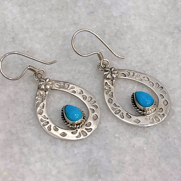 Arizona Sleeping Beauty Turquoise Teardrop Sterling Silver Dangle Earrings - Picture 4 of 9